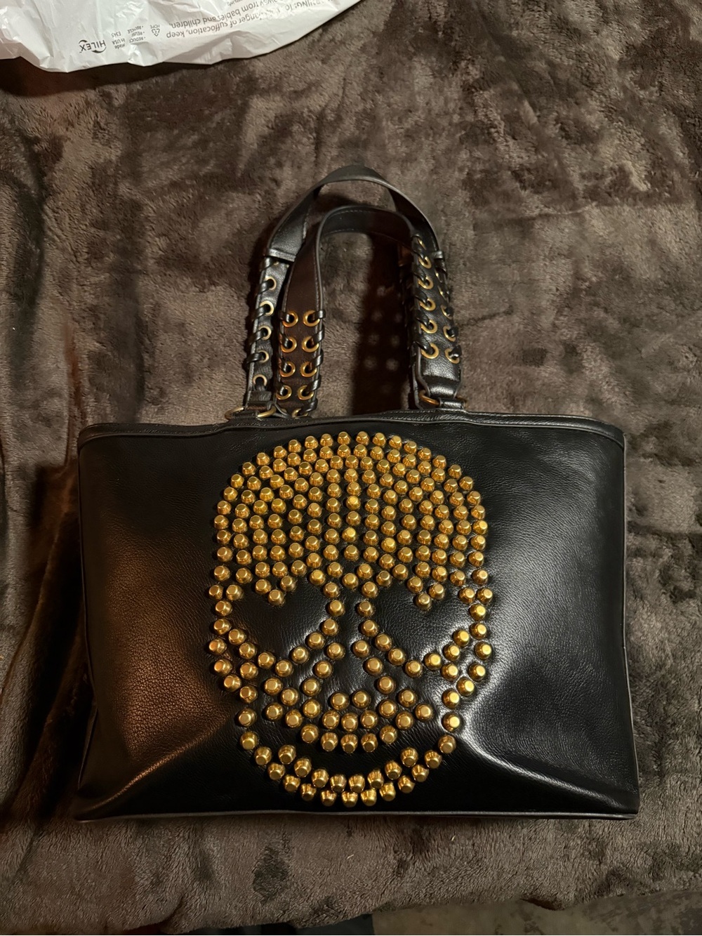 Betsy johnson Black Tote Bag with Gold Stud Skull Accent
